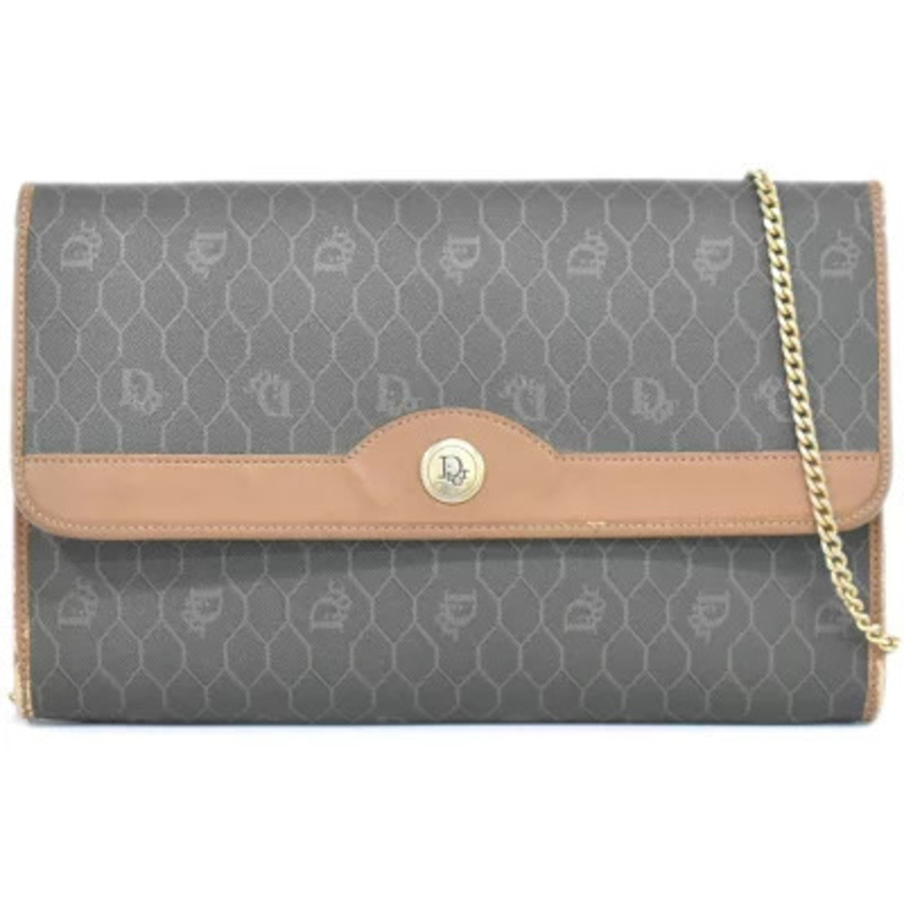 Christian Dior Honeycomb Chain Shoulder Bag Leather Dark Brown